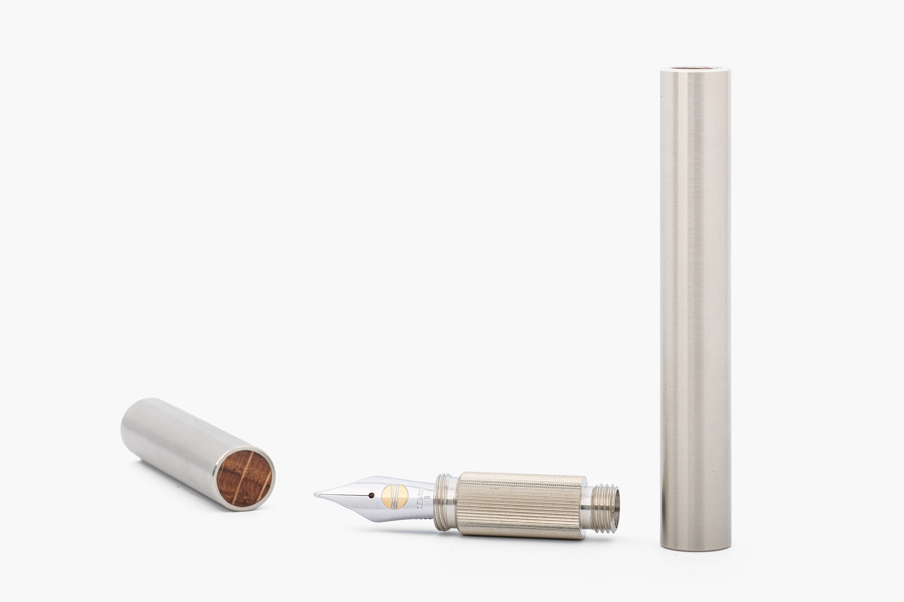 LONGCAP, fountain pen made of brushed nickel silver with oak inlet, handmade